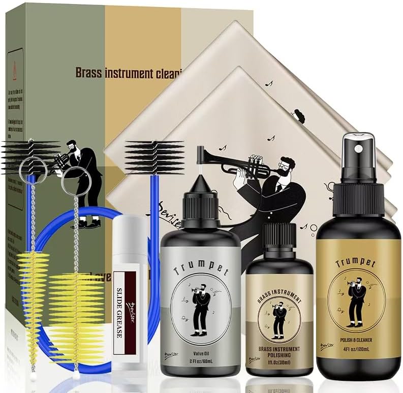 devisev Complete Trumpet Care Kit - Includes Polishing,Valve Oil,2 Cleaning Cloths,Slide Grease,and Cleaning Brush - Image 1